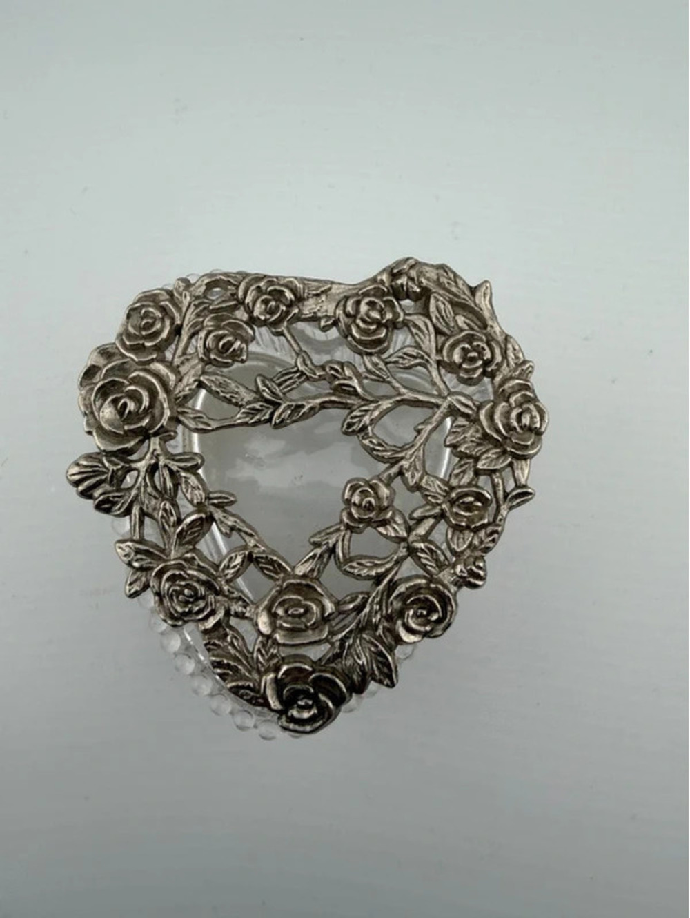 Vintage Heart Glass Trinket Box Ornate Rose Floral Metal Lid